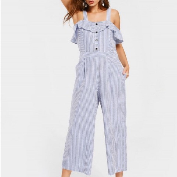 NWT Zara Wide Leg Striped Jumpsuit w Ruffle Neck - Picture 7 of 10